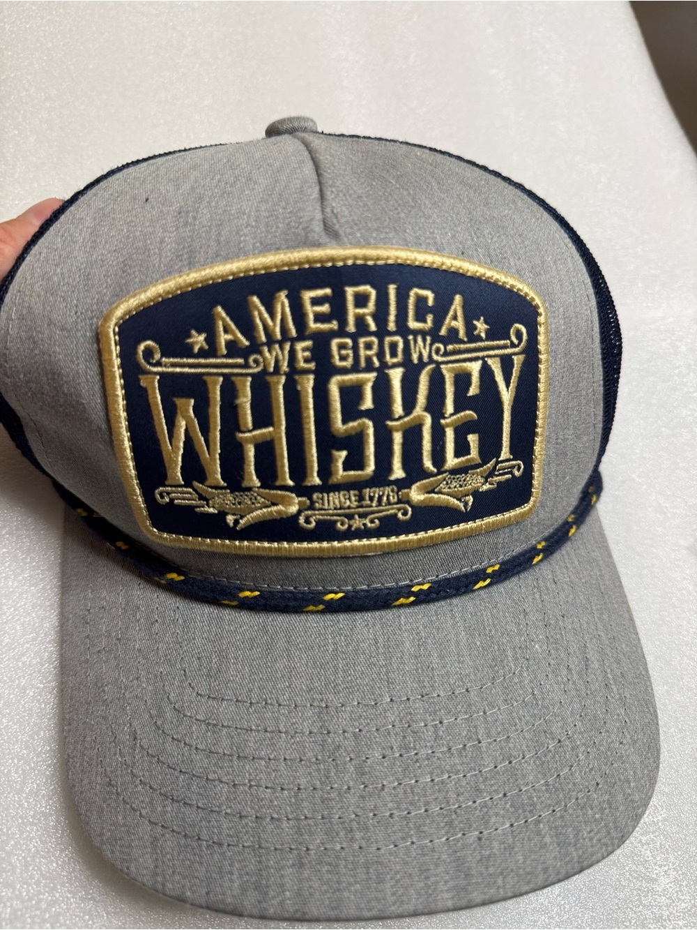 America We Grow Whiskey Embroidered Patch Grey Snapback Hat